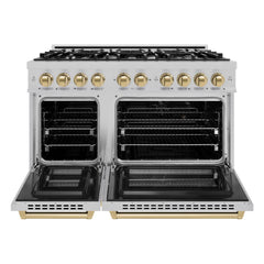 ZLINE Autograph Edition 48 in. 6.7 cu. ft. Select Double Oven Dual Fuel Range with 8 Burner Gas Cooktop in Satin Stainless Steel and Champagne Bronze Accents - HDRSZ-48-CB - The Home Selection