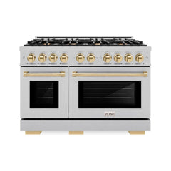 ZLINE Autograph Edition 48 in. 6.7 cu. ft. Select Double Oven Gas Range with 8 Burner Cooktop in Satin Stainless Steel and Polished Gold Accents - HGRSZ-48-G - The Home Selection