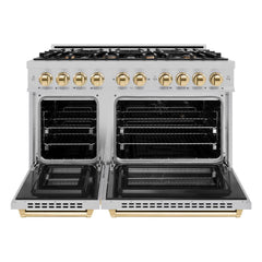 ZLINE Autograph Edition 48 in. 6.7 cu. ft. Select Double Oven Dual Fuel Range with 8 Burner Gas Cooktop in Satin Stainless Steel and Polished Gold Accents - HDRSZ-48-G - The Home Selection