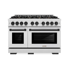 ZLINE Autograph Edition 48 in. 6.7 cu. ft. Select Double Oven Gas Range with 8 Burner Cooktop in Satin Stainless Steel and Matte Black Accents - HGRSZ-48-MB - The Home Selection