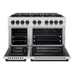 ZLINE Autograph Edition 48 in. 6.7 cu. ft. Select Double Oven Dual Fuel Range with 8 Burner Gas Cooktop in Satin Stainless Steel and Matte Black Accents - HDRSZ-48-MB - The Home Selection