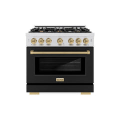 ZLINE Autograph Edition 36 in. 5.2 cu. ft. Select Dual Fuel Range with 6 Burner Gas Cooktop and Electric Convection Oven in Satin Stainless Steel with Black Matte Door and Champagne Bronze Accents - HDRSZ-BLM-36-CB - The Home Selection