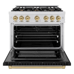 ZLINE Autograph Edition 36 in. 5.2 cu. ft. Select Dual Fuel Range with 6 Burner Gas Cooktop and Electric Convection Oven in Satin Stainless Steel with Black Matte Door and Champagne Bronze Accents - HDRSZ-BLM-36-CB - The Home Selection