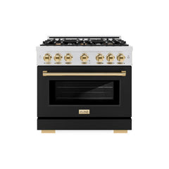 ZLINE Autograph Edition 36 in. 5.2 cu. ft. Select Gas Range with 6 Burner Cooktop and Convection Gas Oven in Satin Stainless Steel with Black Matte Door and Polished Gold Accents - HGRSZ-BLM-36-G - The Home Selection
