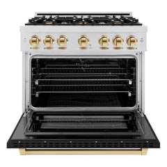 ZLINE Autograph Edition 36 in. 5.2 cu. ft. Select Dual Fuel Range with 6 Burner Gas Cooktop and Electric Convection Oven in Satin Stainless Steel with Black Matte Door and Polished Gold Accents - HDRSZ-BLM-36-G - The Home Selection