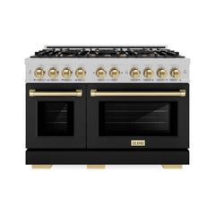 ZLINE Autograph Edition 48 in. 6.7 cu. ft. Select Double Oven Gas Range with 8 Burner Cooktop in Satin Stainless Steel with Black Matte Doors and Champagne Bronze Accents - HGRSZ-BLM-48-CB - The Home Selection