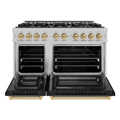ZLINE Autograph Edition 48 in. 6.7 cu. ft. Select Double Oven Dual Fuel Range with 8 Burner Gas Cooktop in Satin Stainless Steel with Black Matte Doors and Champagne Bronze Accents - HDRSZ-BLM-48-CB - The Home Selection