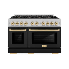 ZLINE Autograph Edition 48 in. 6.7 cu. ft. Select Double Oven Dual Fuel Range with 8 Burner Gas Cooktop in Satin Stainless Steel with Black Matte Doors and Polished Gold Accents - HDRSZ-BLM-48-G - The Home Selection