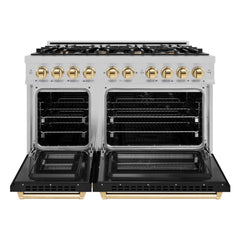 ZLINE Autograph Edition 48 in. 6.7 cu. ft. Select Double Oven Dual Fuel Range with 8 Burner Gas Cooktop in Satin Stainless Steel with Black Matte Doors and Polished Gold Accents - HDRSZ-BLM-48-G - The Home Selection