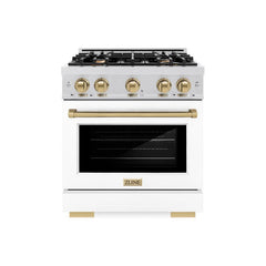 ZLINE Autograph Edition 30 in. 4.2 cu. ft. Select Dual Fuel Range with 4 Burner Gas Cooktop and Electric Convection Oven in Satin Stainless Steel with White Matte Door and Champagne Bronze Accents - HDRSZ-WM-30-CB - The Home Selection