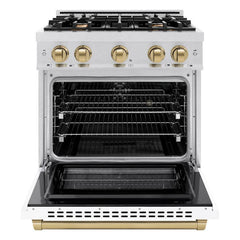 ZLINE Autograph Edition 30 in. 4.2 cu. ft. Select Dual Fuel Range with 4 Burner Gas Cooktop and Electric Convection Oven in Satin Stainless Steel with White Matte Door and Champagne Bronze Accents - HDRSZ-WM-30-CB - The Home Selection