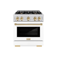 ZLINE Autograph Edition 30 in. 4.2 cu. ft. Select Dual Fuel Range with 4 Burner Gas Cooktop and Electric Convection Oven in Satin Stainless Steel with White Matte Door and Polished Gold Accents - HDRSZ-WM-30-G - The Home Selection