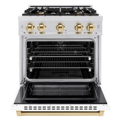 ZLINE Autograph Edition 30 in. 4.2 cu. ft. Select Dual Fuel Range with 4 Burner Gas Cooktop and Electric Convection Oven in Satin Stainless Steel with White Matte Door and Polished Gold Accents - HDRSZ-WM-30-G - The Home Selection