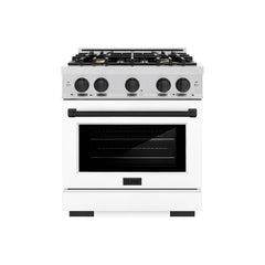 ZLINE Autograph Edition 30 in. 4.2 cu. ft. Select Dual Fuel Range with 4 Burner Gas Cooktop and Electric Convection Oven in Satin Stainless Steel with White Matte Door and Matte Black Accents - HDRSZ-WM-30-MB - The Home Selection