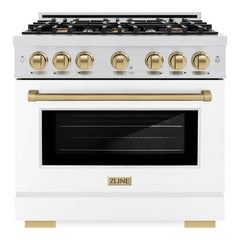 ZLINE Autograph Edition 36 in. 5.2 cu. ft. Select Dual Fuel Range with 6 Burner Gas Cooktop and Electric Convection Oven in DuraSnow® Stainless Steel with White Matte Door and Champagne Bronze Accents - HDRSZ-WM-36-CB - The Home Selection