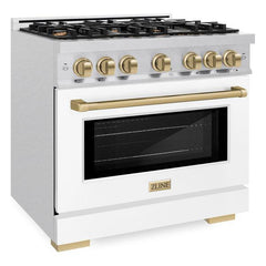 ZLINE Autograph Edition 36 in. 5.2 cu. ft. Select Dual Fuel Range with 6 Burner Gas Cooktop and Electric Convection Oven in DuraSnow® Stainless Steel with White Matte Door and Champagne Bronze Accents - HDRSZ-WM-36-CB - The Home Selection