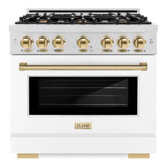 ZLINE Autograph Edition 36 in. 5.2 cu. ft. Select Dual Fuel Range with 6 Burner Gas Cooktop and Electric Convection Oven in DuraSnow® Stainless Steel with White Matte Door and Polished Gold Accents - HDRSZ-WM-36-G - The Home Selection
