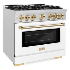 ZLINE Autograph Edition 36 in. 5.2 cu. ft. Select Gas Range with 6 Burner Cooktop and Convection Gas Oven in DuraSnow® Stainless Steel with White Matte Door and Polished Gold Accents - HGRSZ-WM-36-G - The Home Selection