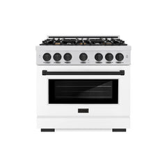 ZLINE Autograph Edition 36 in. 5.2 cu. ft. Select Gas Range with 6 Burner Cooktop and Convection Gas Oven in Satin Stainless Steel with White Matte Door and Matte Black Accents - HGRSZ-WM-36-MB - The Home Selection