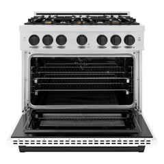 ZLINE Autograph Edition 36 in. 5.2 cu. ft. Select Dual Fuel Range with 6 Burner Gas Cooktop and Electric Convection Oven in Satin Stainless Steel with White Matte Door and Matte Black Accents - HDRSZ-WM-36-MB - The Home Selection