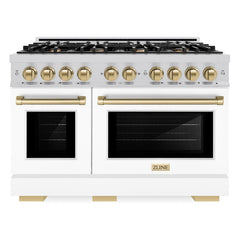 ZLINE Autograph Edition 48 in. 6.7 cu. ft. Select Double Oven Dual Fuel Range with 8 Burner Gas Cooktop in DuraSnow® Stainless Steel with White Matte Doors and Champagne Bronze Accents - HDRSZ-WM-48-CB - The Home Selection