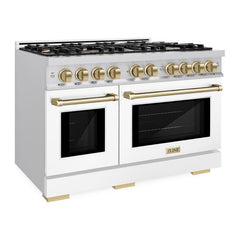 ZLINE Autograph Edition 48 in. 6.7 cu. ft. Select Double Oven Dual Fuel Range with 8 Burner Gas Cooktop in DuraSnow® Stainless Steel with White Matte Doors and Champagne Bronze Accents - HDRSZ-WM-48-CB - The Home Selection