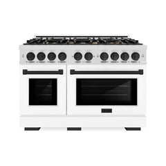 ZLINE Autograph Edition 48 in. 6.7 cu. ft. Select Double Oven Gas Range with 8 Burner Cooktop in Satin Stainless Steel with White Matte Doors and Matte Black Accents - HGRSZ-WM-48-MB - The Home Selection