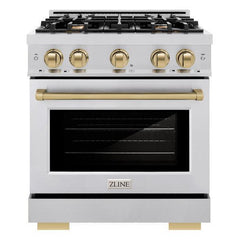 ZLINE Autograph Edition 30 in. 4.2 cu. ft. Select Dual Fuel Range with 4 Burner Gas Cooktop and Electric Convection Oven in Stainless Steel with Champagne Bronze Accents - HDRZ-30-CB - The Home Selection