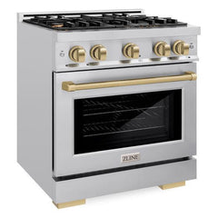 ZLINE Autograph Edition 30 in. 4.2 cu. ft. Select Dual Fuel Range with 4 Burner Gas Cooktop and Electric Convection Oven in Stainless Steel with Champagne Bronze Accents - HDRZ-30-CB - The Home Selection