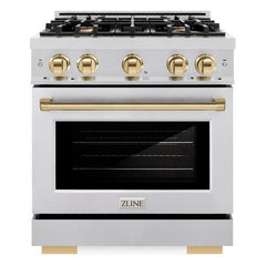 ZLINE Autograph Edition 30 in. 4.2 cu. ft. Select Dual Fuel Range with 4 Burner Gas Cooktop and Electric Convection Oven in Stainless Steel with Polished Gold Accents - HDRZ-30-G - The Home Selection