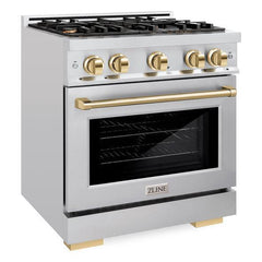 ZLINE Autograph Edition 30 in. 4.2 cu. ft. Select Dual Fuel Range with 4 Burner Gas Cooktop and Electric Convection Oven in Stainless Steel with Polished Gold Accents - HDRZ-30-G - The Home Selection