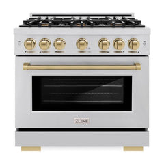 ZLINE Autograph Edition 36 in. 5.2 cu. ft. Select Dual Fuel Range with 6 Burner Gas Cooktop and Electric Convection Oven in Stainless Steel with Champagne Bronze Accents - HDRZ-36-CB - The Home Selection