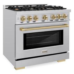 ZLINE Autograph Edition 36 in. 5.2 cu. ft. Select Dual Fuel Range with 6 Burner Gas Cooktop and Electric Convection Oven in Stainless Steel with Champagne Bronze Accents - HDRZ-36-CB - The Home Selection