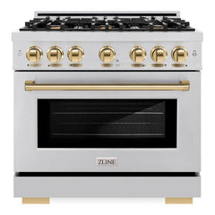 ZLINE Autograph Edition 36 in. 5.2 cu. ft. Select Dual Fuel Range with 6 Burner Gas Cooktop and Electric Convection Oven in Stainless Steel with Polished Gold Accents - HDRZ-36-G - The Home Selection