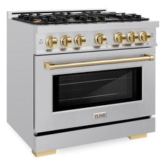 ZLINE Autograph Edition 36 in. 5.2 cu. ft. Select Dual Fuel Range with 6 Burner Gas Cooktop and Electric Convection Oven in Stainless Steel with Polished Gold Accents - HDRZ-36-G - The Home Selection
