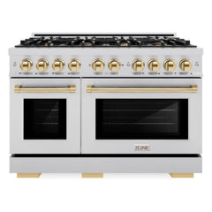 ZLINE Autograph Edition 48 in. 6.7 cu. ft. Select Double Oven Dual Fuel Range with 8 Burner Gas Cooktop in Stainless Steel and Polished Gold Accents - HDRZ-48-G - The Home Selection