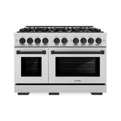 ZLINE Autograph Edition 48 in. 6.7 cu. ft. Select Double Oven Gas Range with 8 Burner Cooktop in Stainless Steel and Matte Black Accents - HGRZ-48-MB - The Home Selection
