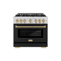 ZLINE Autograph Edition 36 in. 5.2 cu. ft. Select Gas Range with 6 Burner Cooktop and Convection Gas Oven in Stainless Steel with Black Matte Door and Champagne Bronze Accents - HGRZ-BLM-36-CB - The Home Selection