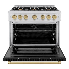 ZLINE Autograph Edition 36 in. 5.2 cu. ft. Select Dual Fuel Range with 6 Burner Gas Cooktop and Electric Convection Oven in Stainless Steel with Black Matte Door and Champagne Bronze Accents - HDRZ-BLM-36-CB - The Home Selection