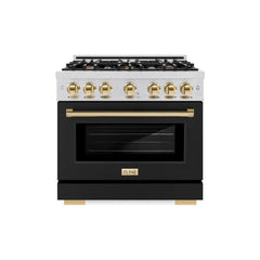 ZLINE Autograph Edition 36 in. 5.2 cu. ft. Select Dual Fuel Range with 6 Burner Gas Cooktop and Electric Convection Oven in Stainless Steel with Black Matte Door and Polished Gold Accents - HDRZ-BLM-36-G - The Home Selection