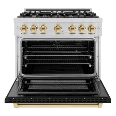 ZLINE Autograph Edition 36 in. 5.2 cu. ft. Select Dual Fuel Range with 6 Burner Gas Cooktop and Electric Convection Oven in Stainless Steel with Black Matte Door and Polished Gold Accents - HDRZ-BLM-36-G - The Home Selection