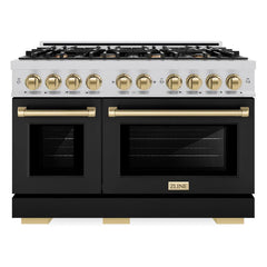 ZLINE Autograph Edition 48 in. 6.7 cu. ft. Select Double Oven Gas Range with 8 Burner Cooktop in Stainless Steel with Black Matte Doors and Champagne Bronze Accents - HGRZ-BLM-48-CB - The Home Selection
