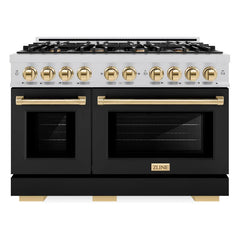 ZLINE Autograph Edition 48 in. 6.7 cu. ft. Select Double Oven Dual Fuel Range with 8 Burner Gas Cooktop in Stainless Steel with Black Matte Doors and Polished Gold Accents - HDRZ-BLM-48-G - The Home Selection