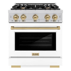 ZLINE Autograph Edition 30 in. 4.2 cu. ft. Select Dual Fuel Range with 4 Burner Gas Cooktop and Electric Convection Oven in Stainless Steel with White Matte Door and Champagne Bronze Accents - HDRZ-WM-30-CB - The Home Selection