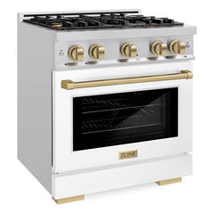 ZLINE Autograph Edition 30 in. 4.2 cu. ft. Select Dual Fuel Range with 4 Burner Gas Cooktop and Electric Convection Oven in Stainless Steel with White Matte Door and Champagne Bronze Accents - HDRZ-WM-30-CB - The Home Selection