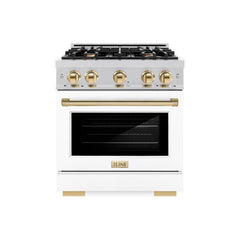 ZLINE Autograph Edition 30 in. 4.2 cu. ft. Select Dual Fuel Range with 4 Burner Gas Cooktop and Electric Convection Oven in Stainless Steel with White Matte Door and Polished Gold Accents - HDRZ-WM-30-G - The Home Selection