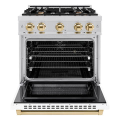 ZLINE Autograph Edition 30 in. 4.2 cu. ft. Select Dual Fuel Range with 4 Burner Gas Cooktop and Electric Convection Oven in Stainless Steel with White Matte Door and Polished Gold Accents - HDRZ-WM-30-G - The Home Selection