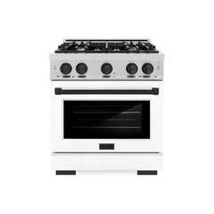 ZLINE Autograph Edition 30 in. 4.2 cu. ft. Select Gas Range with 4 Burner Cooktop and Convection Gas Oven in Stainless Steel with White Matte Door and Matte Black Accents - HGRZ-WM-30-MB - The Home Selection
