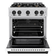 ZLINE Autograph Edition 30 in. 4.2 cu. ft. Select Dual Fuel Range with 4 Burner Gas Cooktop and Electric Convection Oven in Stainless Steel with White Matte Door and Matte Black Accents - HDRZ-WM-30-MB - The Home Selection