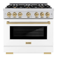 ZLINE Autograph Edition 36 in. 5.2 cu. ft. Select Dual Fuel Range with 6 Burner Gas Cooktop and Electric Convection Oven in Stainless Steel with White Matte Door and Champagne Bronze Accents - HDRZ-WM-36-CB - The Home Selection